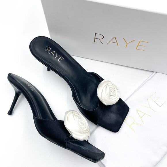 Raye Rosette Mules Black White Sandals Kitten Heels Square Toe Floral Sz 6.5 - Picture 2 of 10